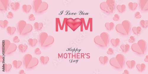 Happy Mother s Day social media post template. Mother s Day social media banner. Mom Day greeting card. Happy Mother Love sign with heart and flowers. flying pink paper hearts. mom love background