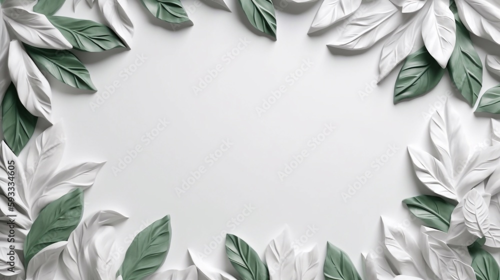 A white plaster textured background with green and white laurel leaves around the edge. A.I. generated.
