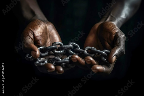 Uneteenth Independence Day concept. Hands are shackled with chain. Generative AI illustration