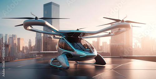 eVTOL charging on helipad in front of modern city