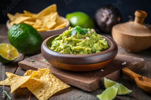 Guacamole dip with tortilla chips or nachos. Generative AI illustration