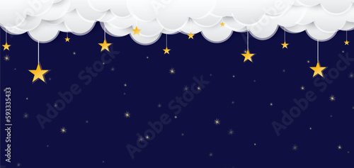 Night sky landscape with blue backdrop, clouds and stars. good night sweet dreams card. Vector illustration.