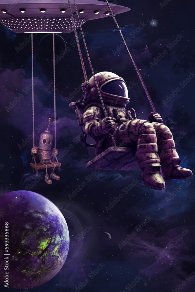 Naklejka premium Astronaut and cyborg buddy Take a break from work.