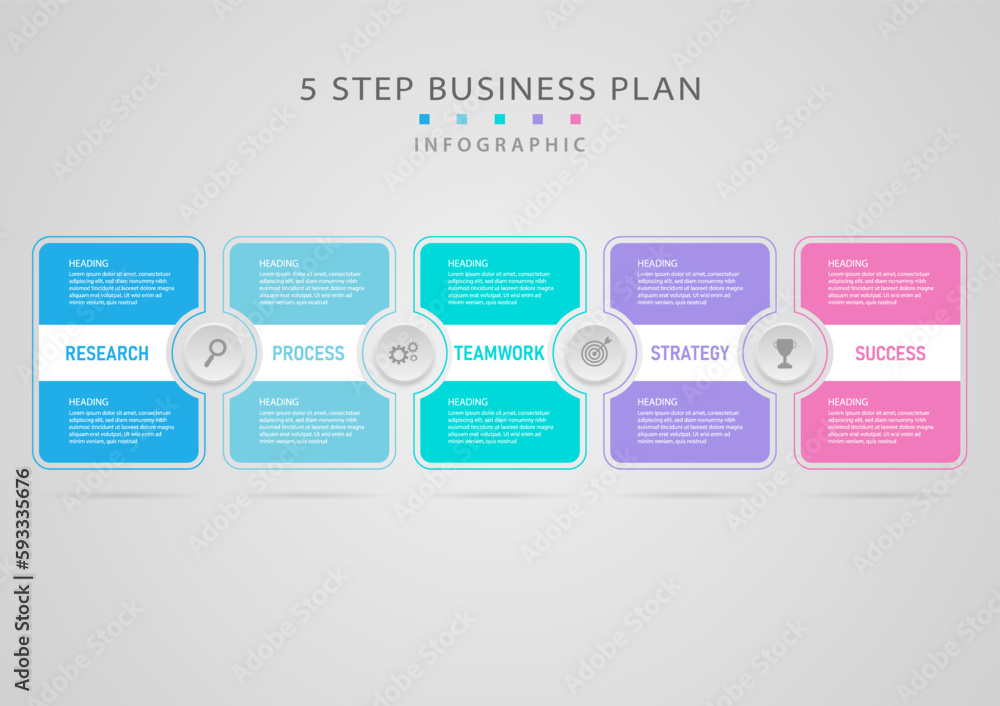 Fototapeta premium modern infographic 5 steps business plan success square and circle platel Multi color icons in center gray gradient background. Design for marketing, investment, finance, planning, product.