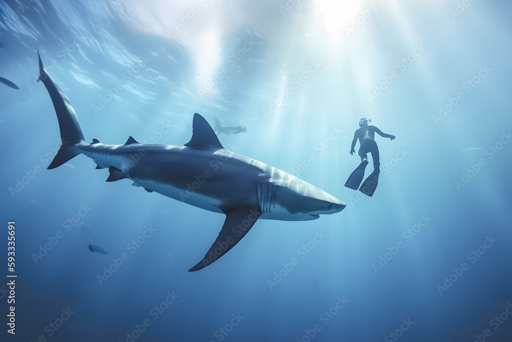 Fototapeta premium Scuba diver underwater with shark, Generative AI