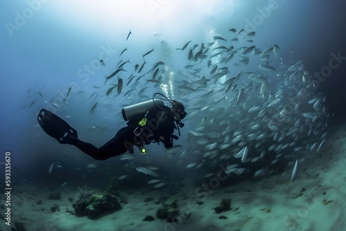 Scuba diver underwater with sea creatures, Generative AI