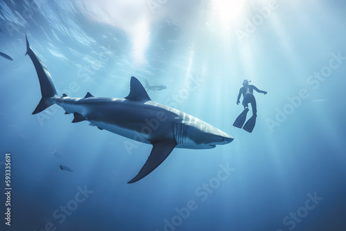 Scuba diver underwater with shark, Generative AI © Kenishirotie