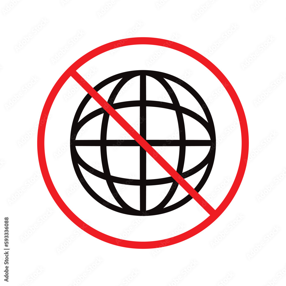 Forbidden globe vector icon. Prohibited earth icon. No globe flat sign design. Warning, caution, attention, restriction, danger label ban earth symbol pictogram Forbidden globe vector icon. Prohibited earth icon. No globe flat sign design. Warning, caution, attention, restriction, danger label ban earth symbol pictogram