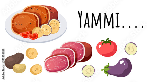 Food meat restaurant dish ingredient abstract concept set. Vector graphic design illustration
