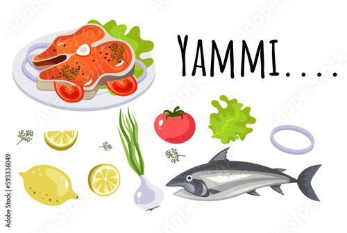 Food fish restaurant dish ingredient abstract concept set. Vector graphic design illustration