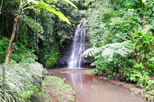 Tropical Waterfall. Papeete, Capital of French Polynesia, Tahiti. In the Windward Islands region. Rainy day