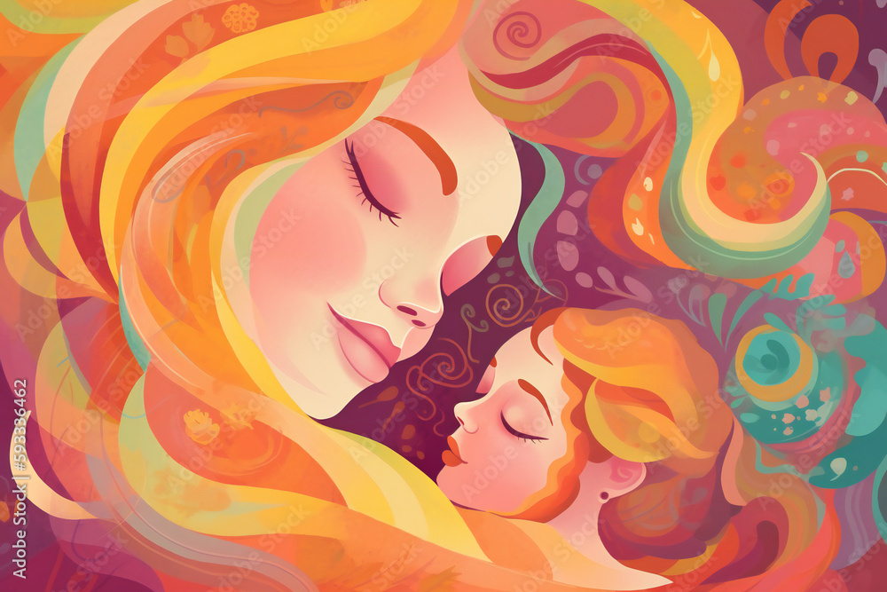 Illustration of a woman sleeping with her daughter. Mothers' day, colorful - created using Generative AI