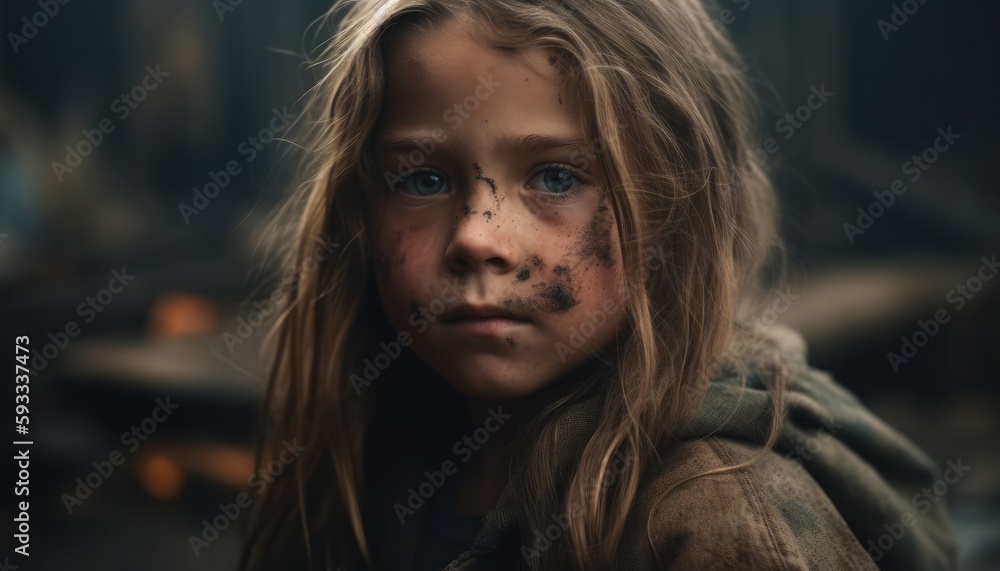 a girl with burned skin standing in front of buildings wreckage,natural disaster or war victim, homeless child, ai generative illustration, homeless child a girl with burned skin standing in front of buildings wreckage,natural disaster or war victim, homeless child, ai generative illustration, homeless child