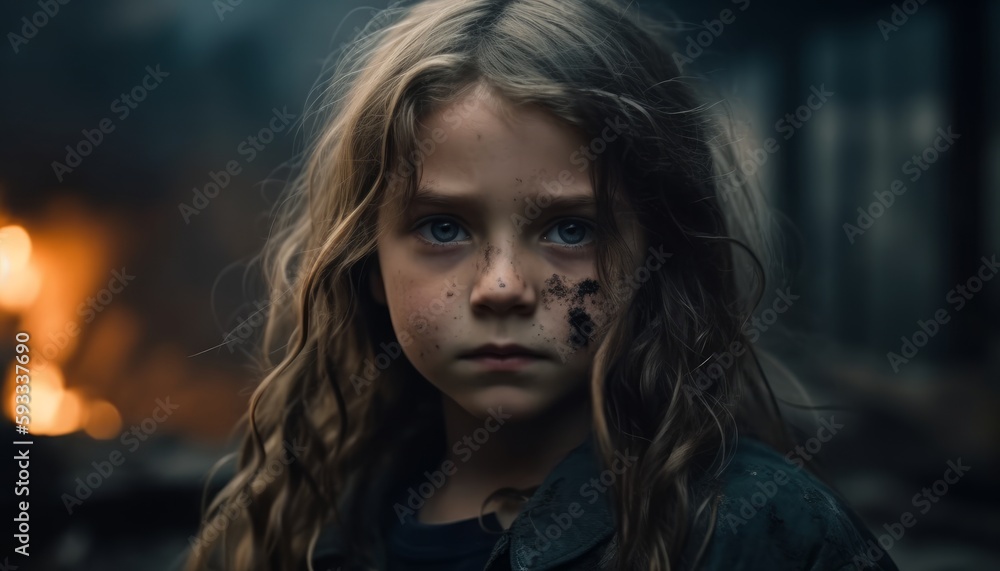 a girl with burned skin standing in front of buildings wreckage,natural disaster or war victim, homeless child, ai generative illustration, homeless child a girl with burned skin standing in front of buildings wreckage,natural disaster or war victim, homeless child, ai generative illustration, homeless child