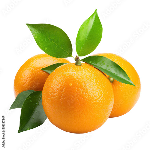 Juicy fresh ripe oranges with green leaves isolated on transparent background, PNG raster illustration. whole fruit and half. Vitamin. Organic food. Generated with AI.