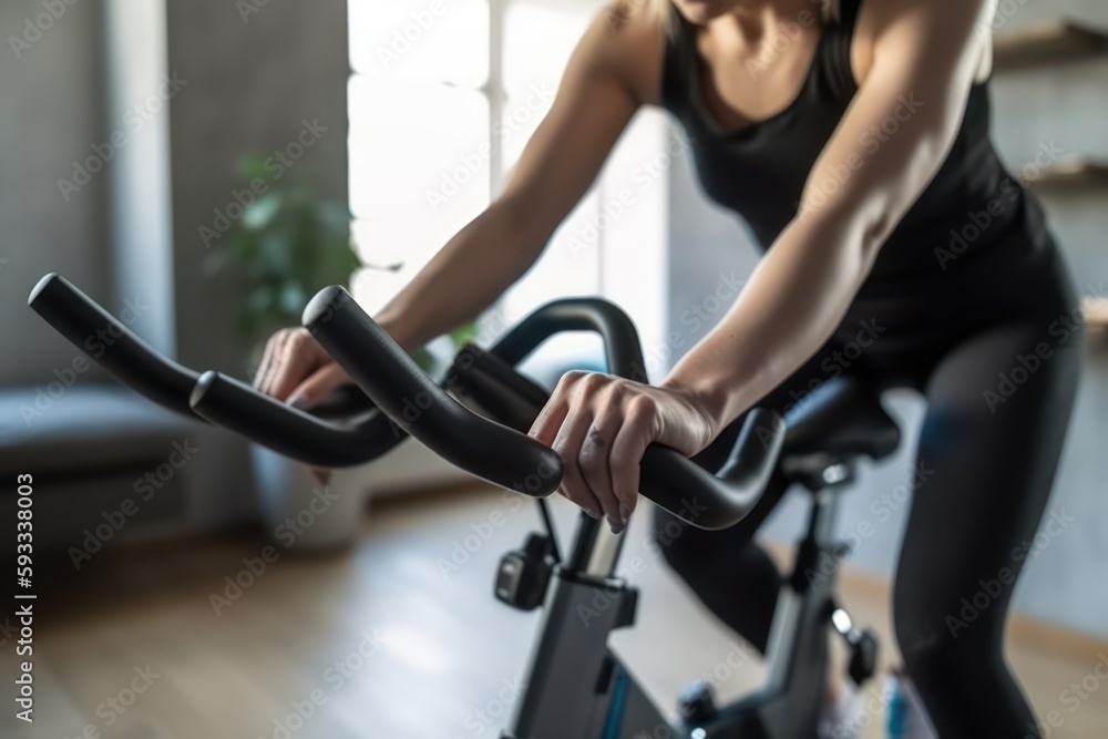 Foto de Woman on stationary exercise bike, focused on maintaining a