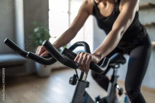 Woman on stationary exercise bike, focused on maintaining a healthy lifestyle and improving her physical fitness by engaging in cardiovascular workouts at home or in the gym, generative ai