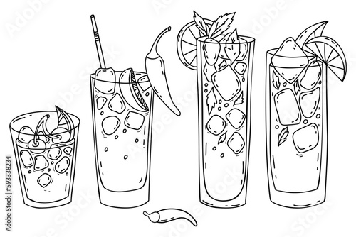 Collection Mexican cocktails Charro Negro, Vampiro, Cherry limeade, mint lemonade with ice cubes, lime, cherries and chili peppers. Isolated vector linear doodles. Latin American traditions drinks