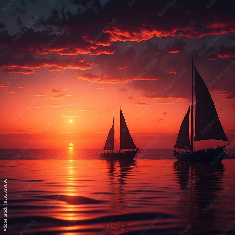 A colorful sunset over a calm ocean with sailboats in the distance. The sky is painted in shades of orange and pink. 

Generative AI