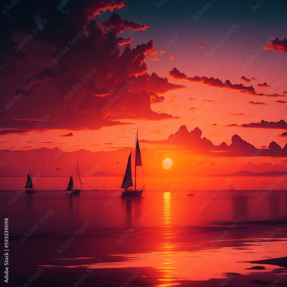 A colorful sunset over a calm ocean with sailboats in the distance. The sky is painted in shades of orange and pink. 

Generative AI
