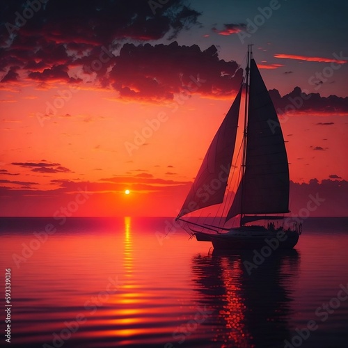 A colorful sunset over a calm ocean with sailboats in the distance. The sky is painted in shades of orange and pink.Generative AI