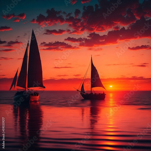 A colorful sunset over a calm ocean with sailboats in the distance. The sky is painted in shades of orange and pink.Generative AI