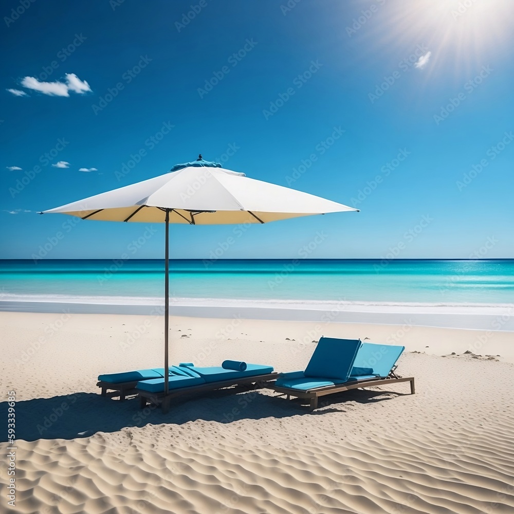 A sandy beach with crystal clear waters and a bright blue sky in the background. Sun umbrellas and beach chairs dot the shore

Generative AI