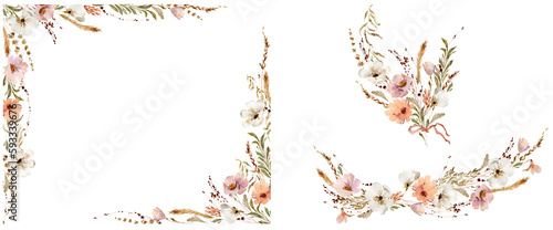 Watercolor beige wildflowers and grass set. Hand painted boho floral neutral colors, sage green border, frame. Botanical elements isolated on white. Bohemian style wedding invitation, greeting, card