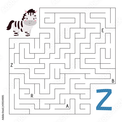 Learn letters. ABC maze game. Educational puzzle for children. Help kawaii zebra find right way to the letter Z. Activity worksheet with labyrinth. Learn English language. Vector illustration.