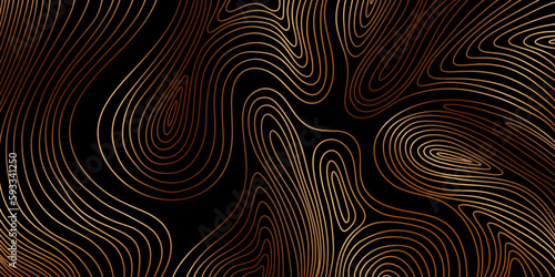 Hand drawn wood annual rings texture on black background. Golden wood grain texture. Vector background with wooden fibers. Contour of wood trunk rings. Wooden concentric circles pattern. Relief lines