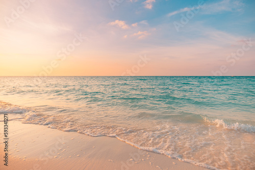 Orange golden sunset sunrise sky calm tranquil relaxing sunlight summer. Closeup sea sand beach. Panoramic beach landscape. Inspire tropical seascape waves horizon. Peaceful nature Mediterranean view 