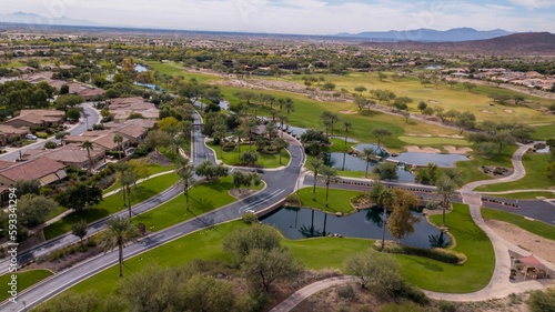 Aerial drone view of the Trilogy Golf Club on a sunny day
