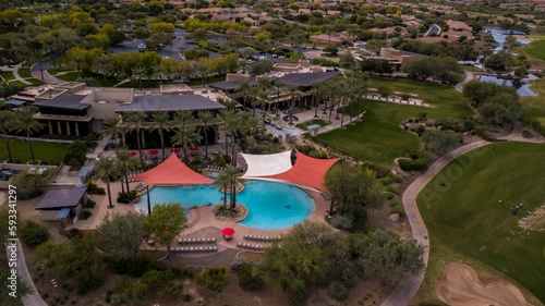 Aerial view of a golf club in a new neighborhood in VIstancia, Arizona