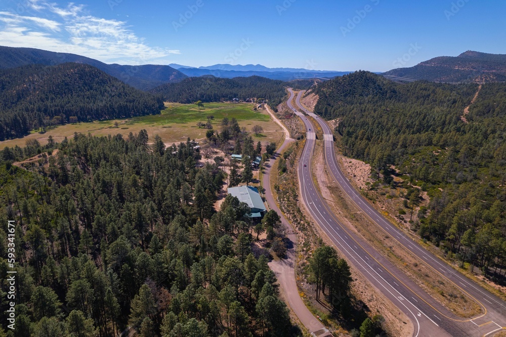 Aerial view of state route 260 and Apache Sitgreaves national forest in Arizona, USA Aerial view of state route 260 and Apache Sitgreaves national forest in Arizona, USA