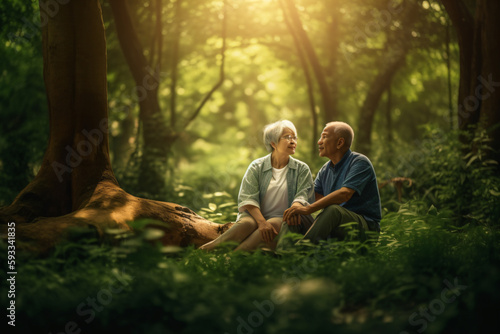 a senior couple in a serene park, fictional persons created with generative ai