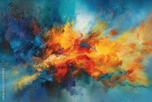 An underwater explosion is shown in an acrylic painting with a backdrop of blue, orange, and rainbow smoke. Generative AI