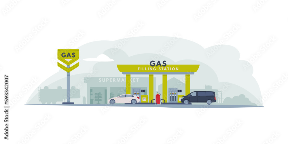 Naklejka premium Gas Filling Station as Facility Selling Fuel for Motor Vehicle Vector Illustration