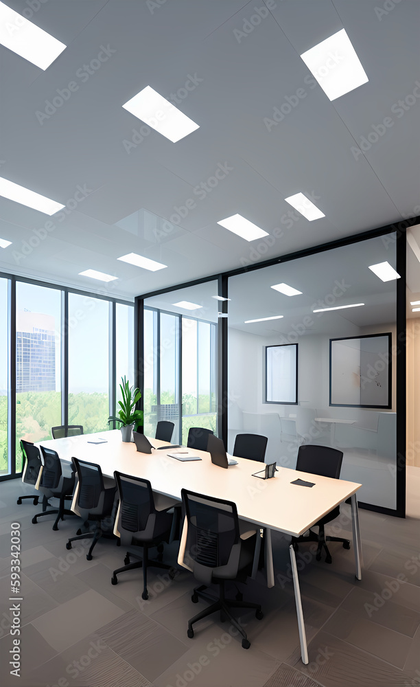 A modern meeting room features an expansive window. Generative AI A modern meeting room features an expansive window. Generative AI