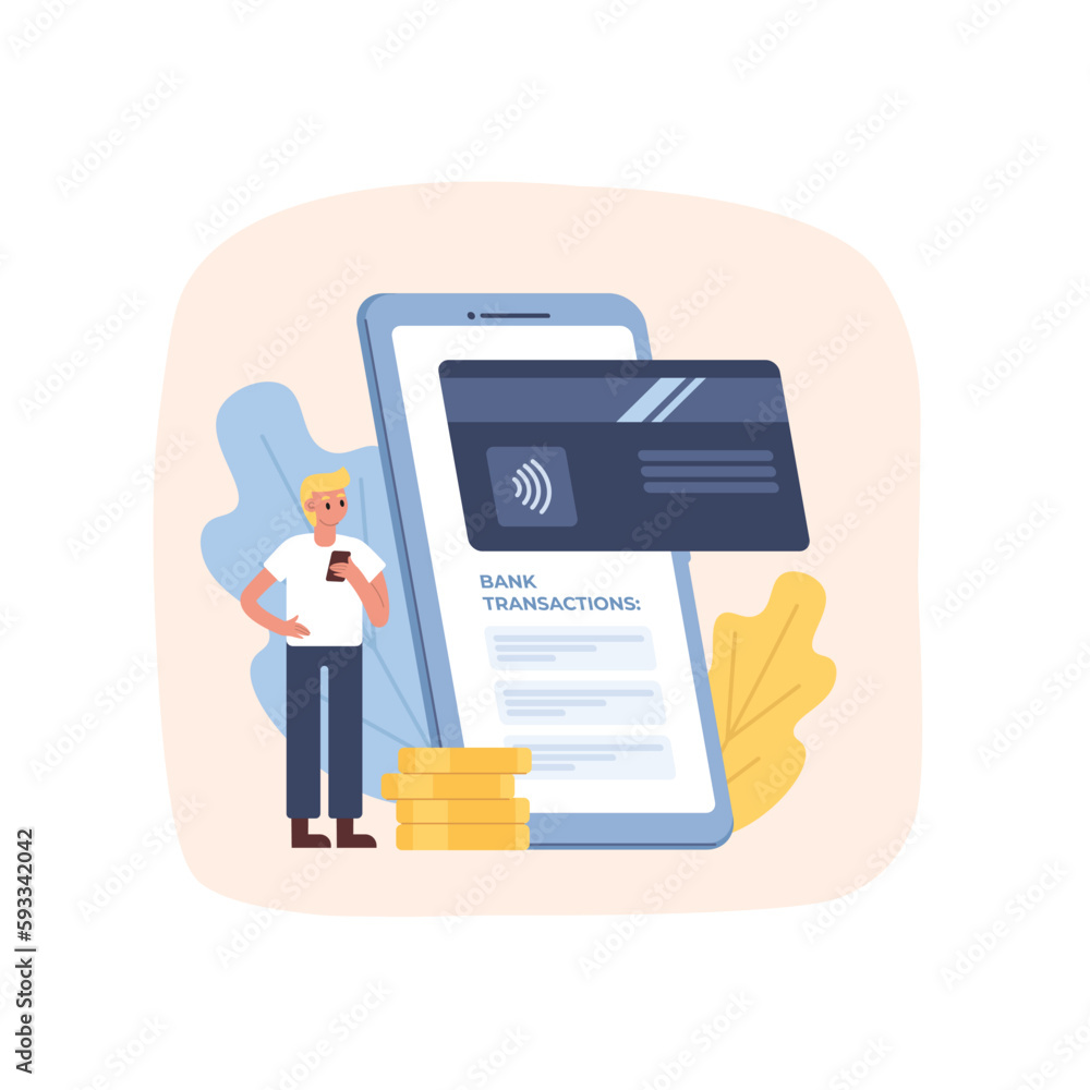 Cartoon character of young man making digital bank transaction. Modern and secure banking services. Process of finance investment and management. Vector Cartoon character of young man making digital bank transaction. Modern and secure banking services. Process of finance investment and management. Vector