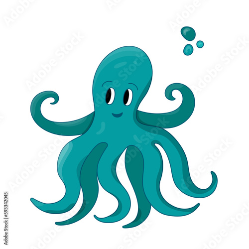 Octopus cartoon vector illustration aquamarine with air bubble. Isolated Ocean animal. Marine theme.