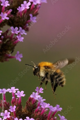 Fotografía Vertical closeup of Common Carder Bumblebee flying towards the delicate Verbena