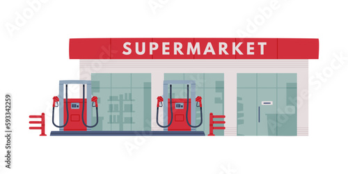 Gas Filling Station Supermarket Building as Facility Selling Fuel for Motor Vehicle Vector Illustration