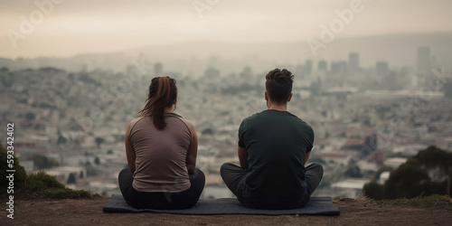 Man and woman sitting on the top of the hill and looking at the city © B-Ast-BRT