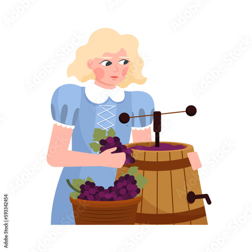Cartoon character of young woman making natural wine. Winemaking process with organic grapes. Time for making alcohol drinks. Wine production industry. Vector
