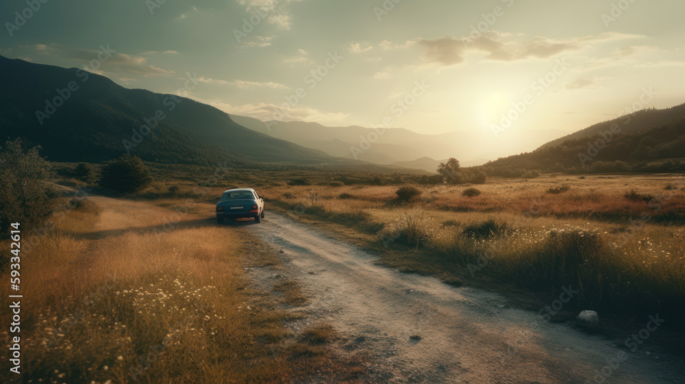 Fototapeta premium Car in a clearing on the way, a beautiful day. Generative AI