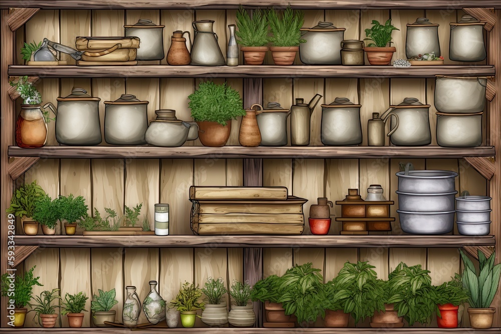 old wooden shelf or tables with candles and stones rustic rural kitchen plants and decorations provide a calm atmosphere. plants, shelves, and appliances Illustration of an architectural interior