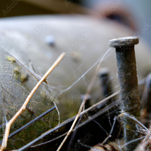 metal junk covered in spider webs and algy photo