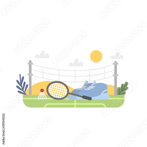 Colored items concerning doing sports and playing tennis outdoor. Healthy and active lifestyle. Regular physical activity. Time for entertainment and workout. Vector