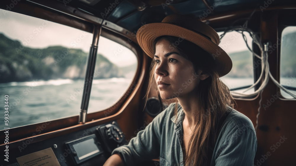 Woman travels across lake in boat. Generative AI Woman travels across lake in boat. Generative AI