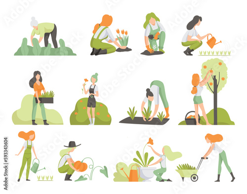 Woman Garden Worker Planting, Harvesting, Watering and Cultivating Crop Vector Set